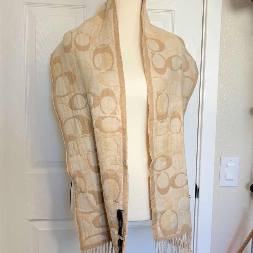 COACH Beige Classic Reversible Logo Monogram 100% Merino Wool Scarf